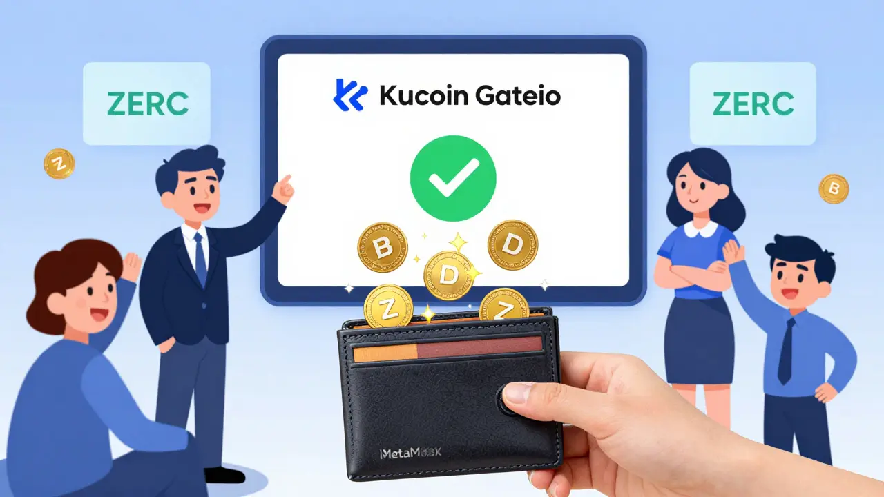 A player watches DERC tokens turn into ZERC tokens automatically on a wallet screen with exchange platforms glowing behind.