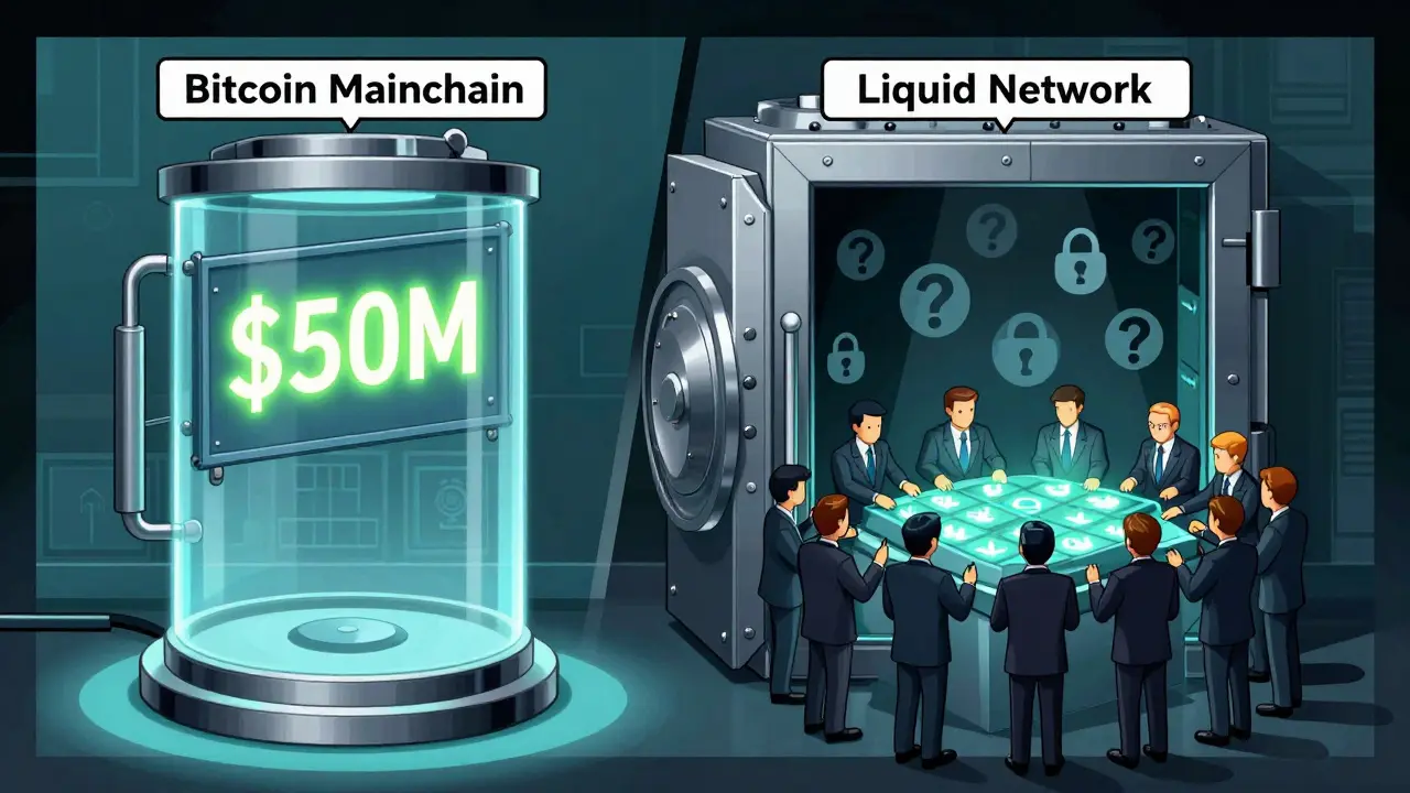 A public Bitcoin vault with visible transactions next to a private Liquid vault with hidden amounts and signing figures.