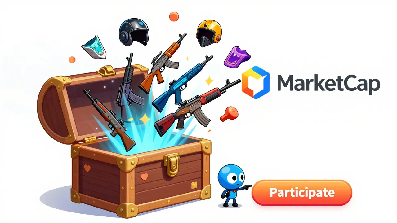 A treasure chest wallet opens to release colorful NFT items like rifles and helmets against a CoinMarketCap logo background.