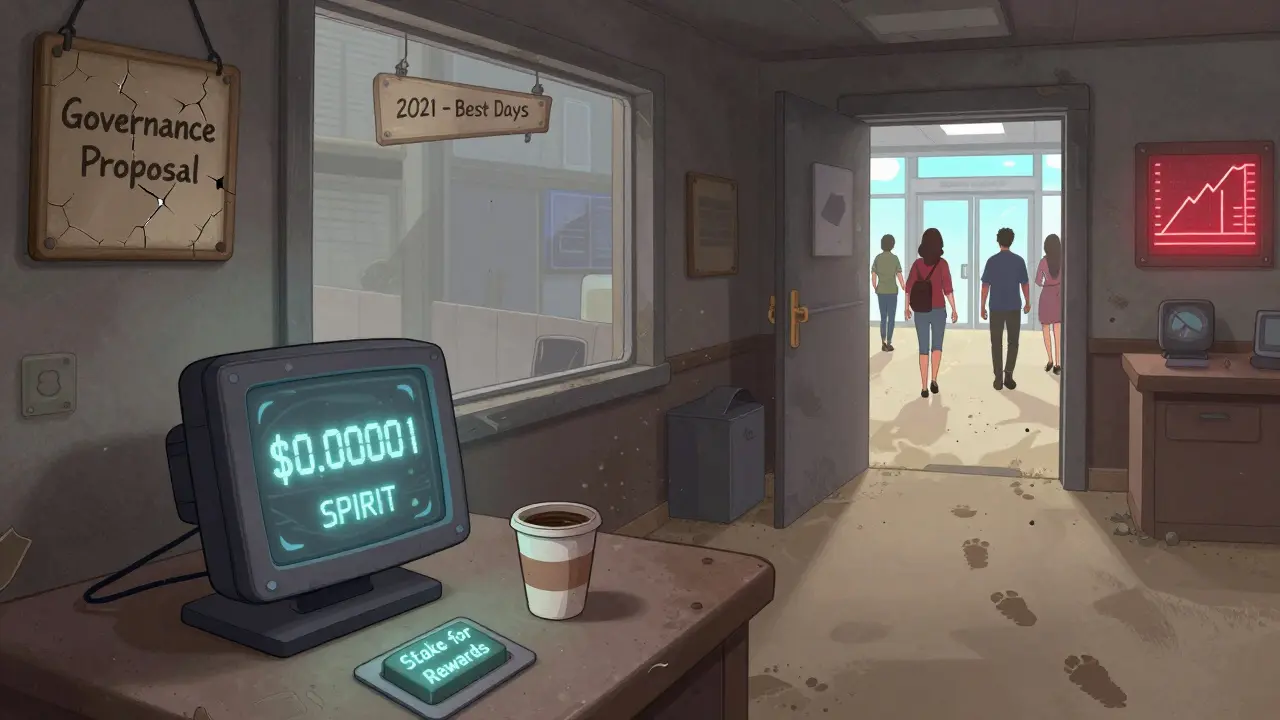 Abandoned SpiritSwap control room with fading token price and users walking away toward better DEXs.