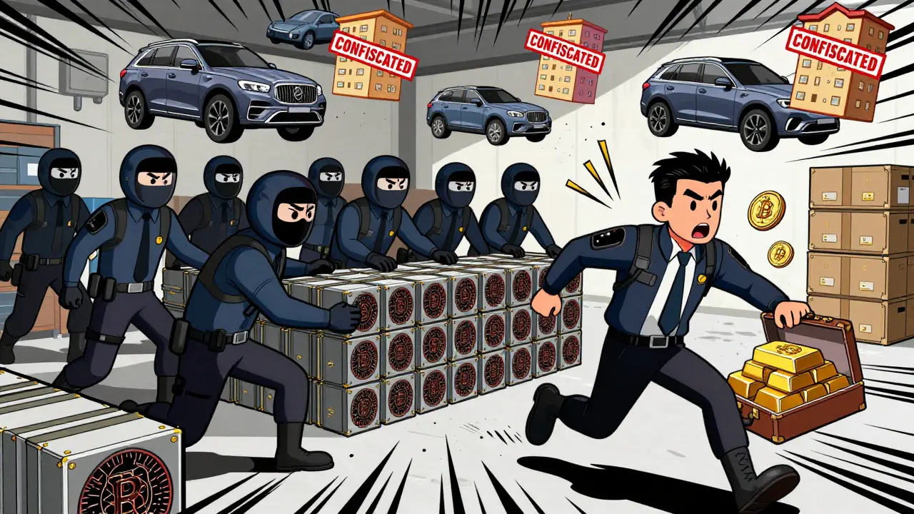 Agents seize illegal mining rigs as suspect tries to escape with Bitcoin briefcase.