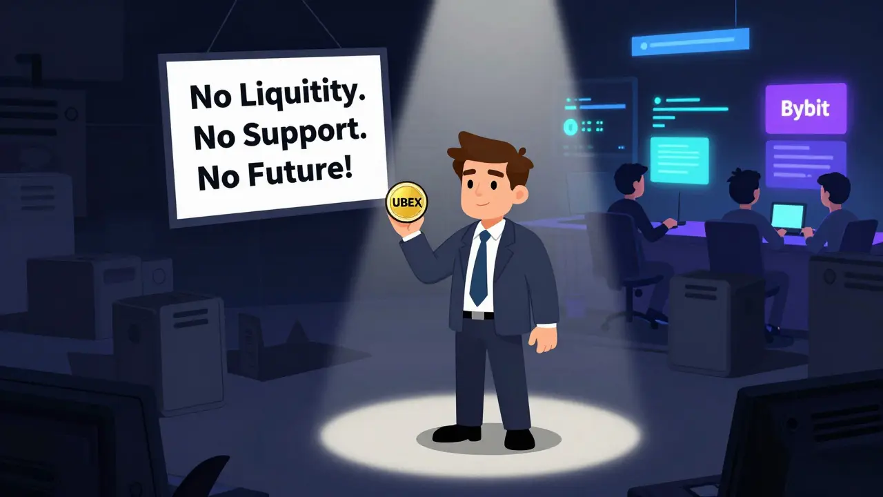 An investor holds a worthless UBEX token under a dim light while signs declare 'No Future' behind them.