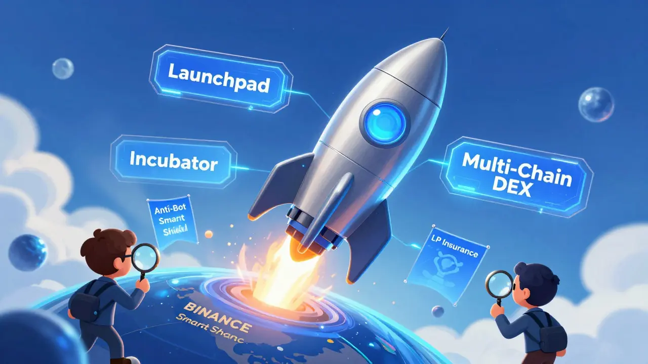 Anypad platform as a rocket with launchpad, incubator, and DEX components above BSC planet.