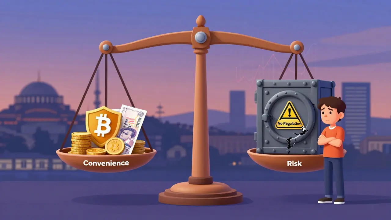 Cartoon balance scale showing convenience of Koinim vs. risk of no regulation.