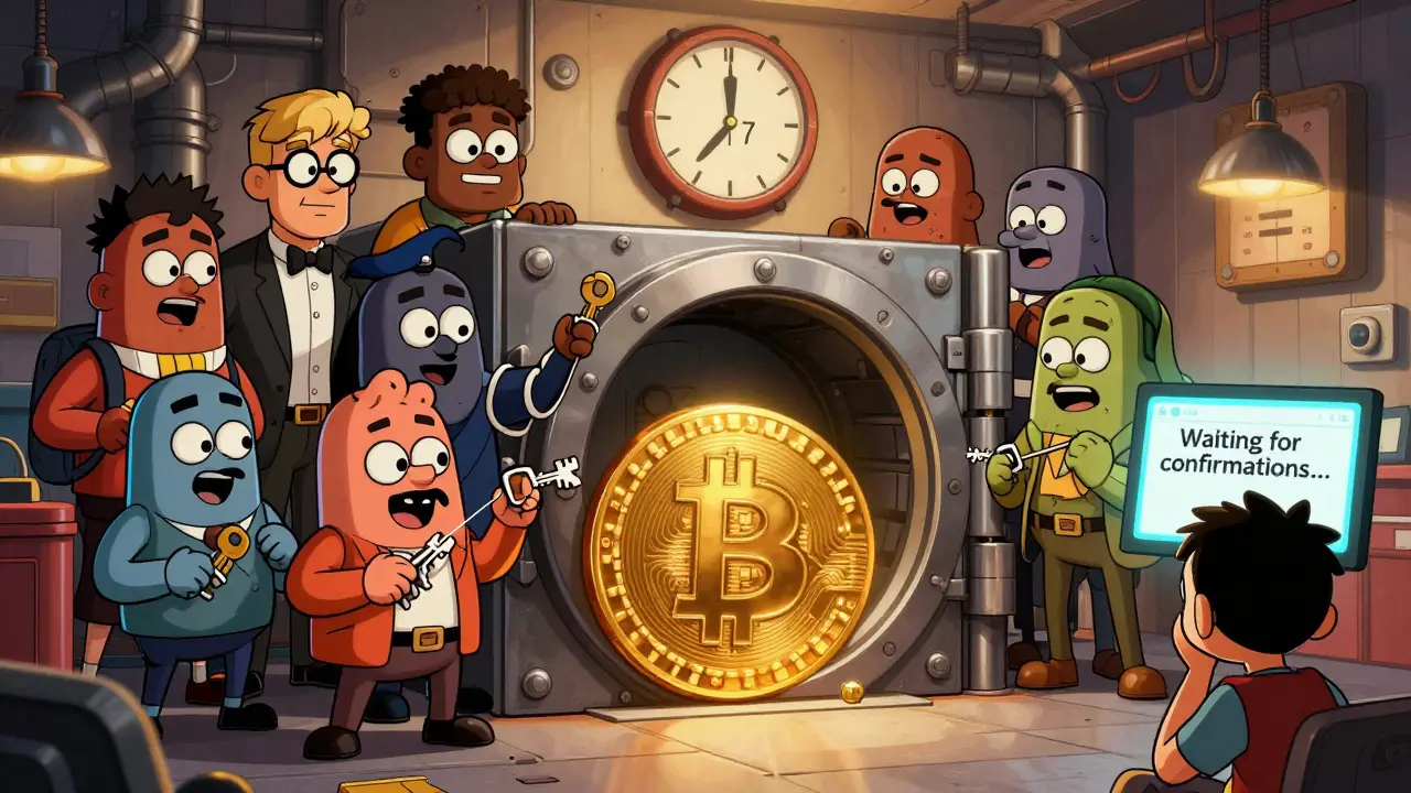 Cartoon of 73 characters guarding a vault, 11 holding keys to unlock a Bitcoin peg-in portal with a long countdown clock.