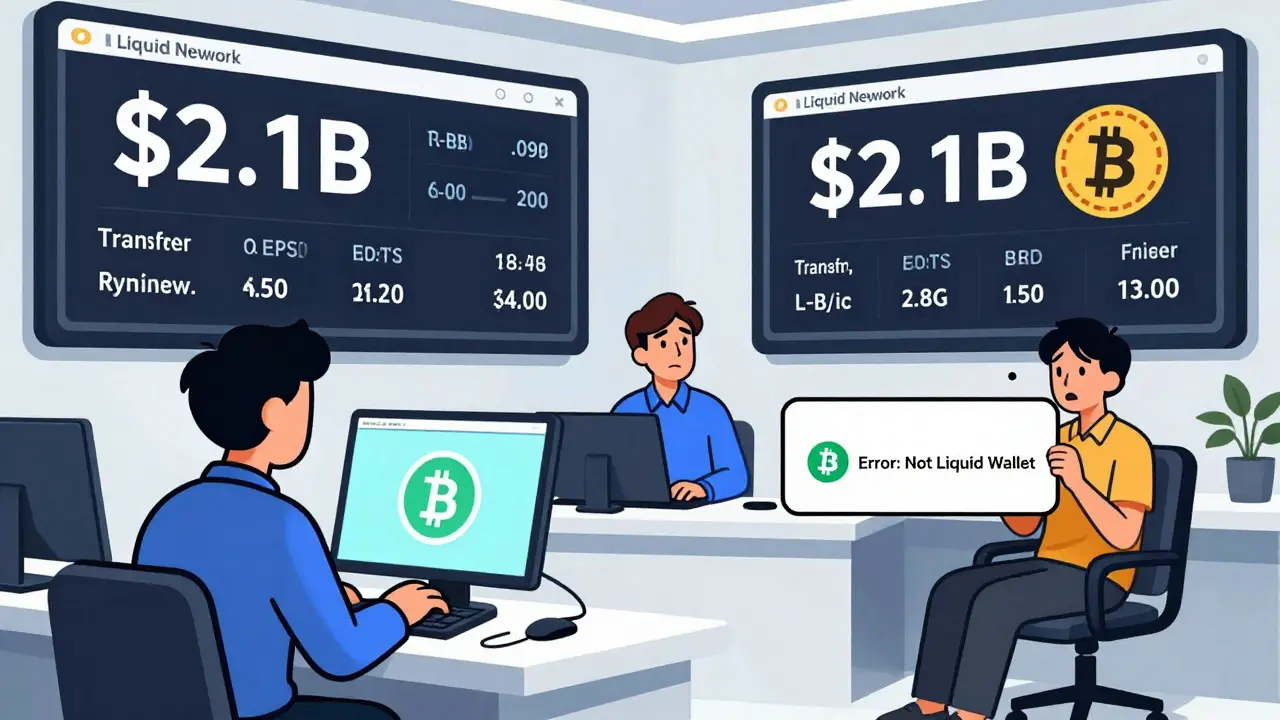 Cartoon of a trader using Liquid Network on a financial floor while a confused user gets an error message on their screen.