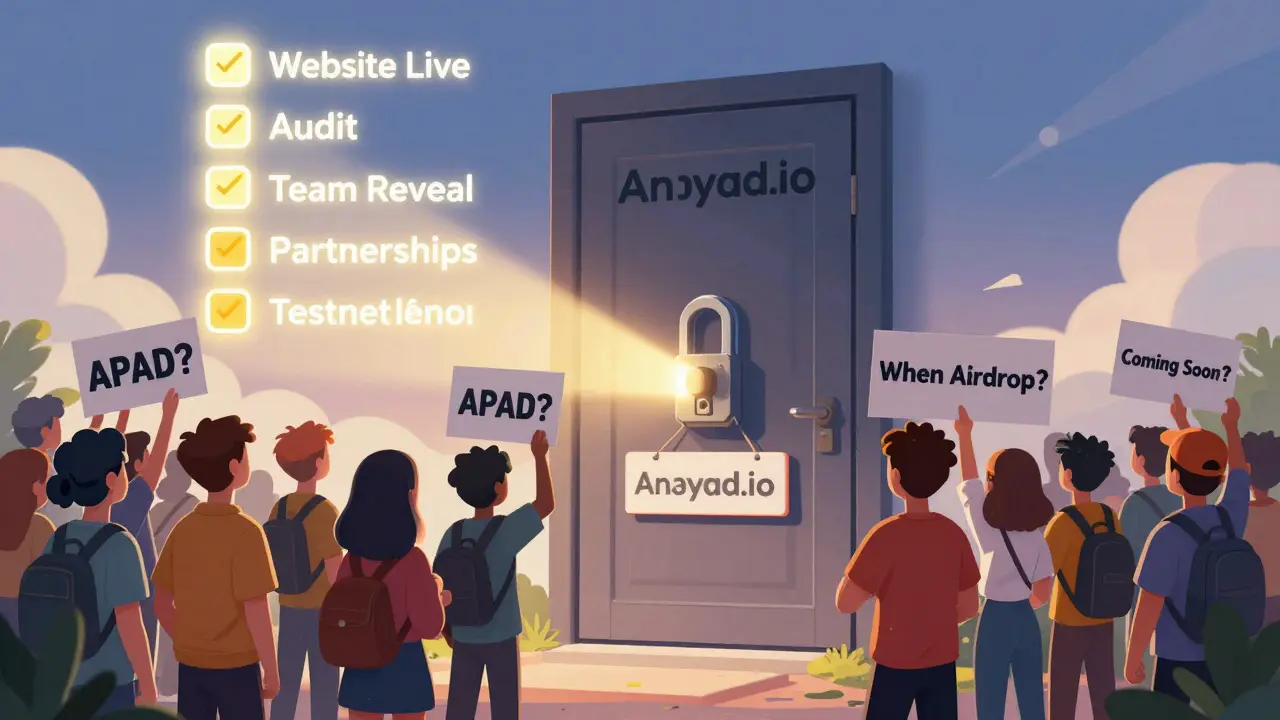 Crowd of hopeful investors facing a locked Anypad door with a checklist of requirements lighting up.