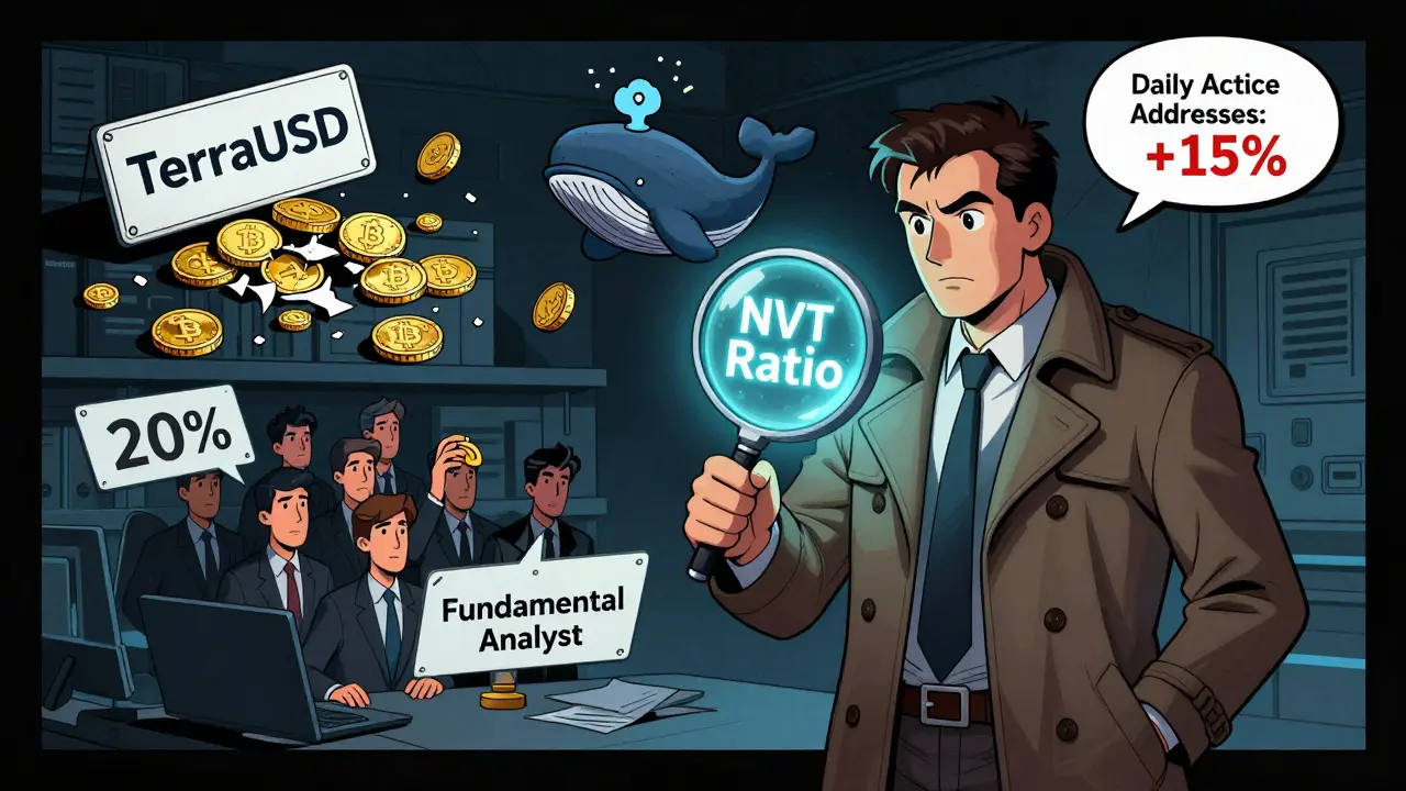Detective solving crypto mystery with clues like token distribution and NVT ratio magnifying glass.