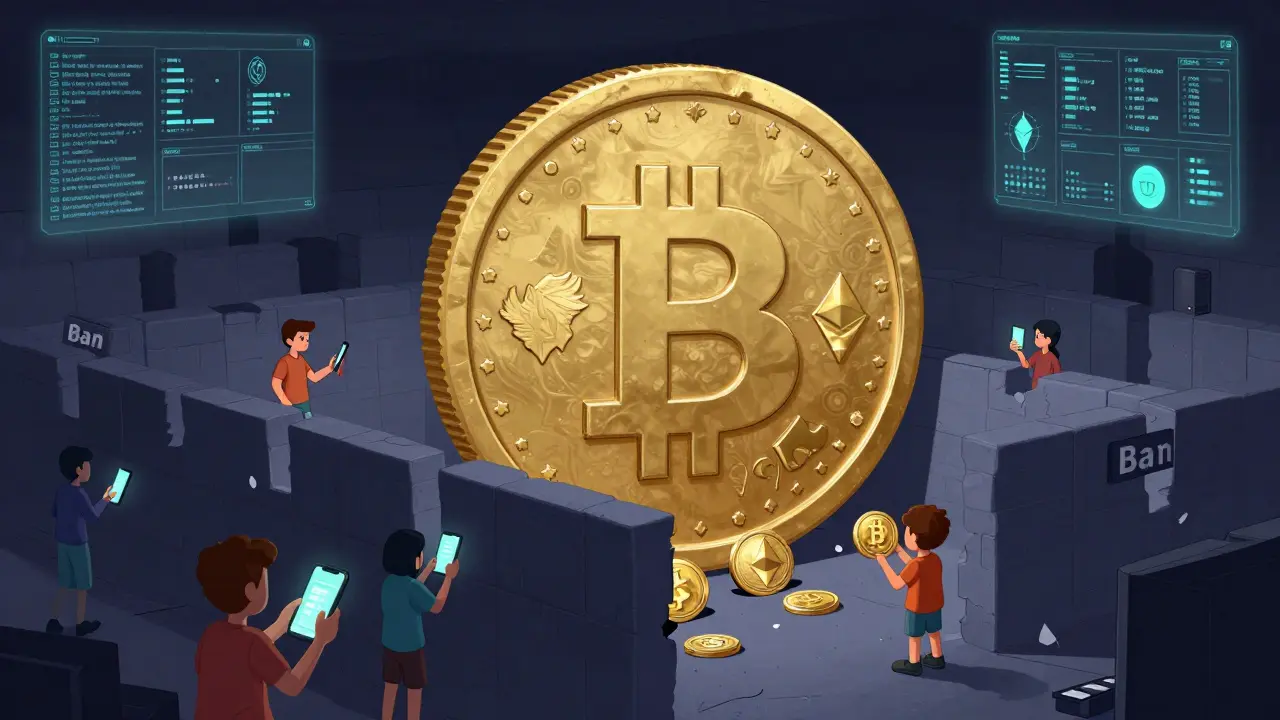 Digital dirham government currency overshadowing underground crypto wallets, with a child holding USDT as a key.