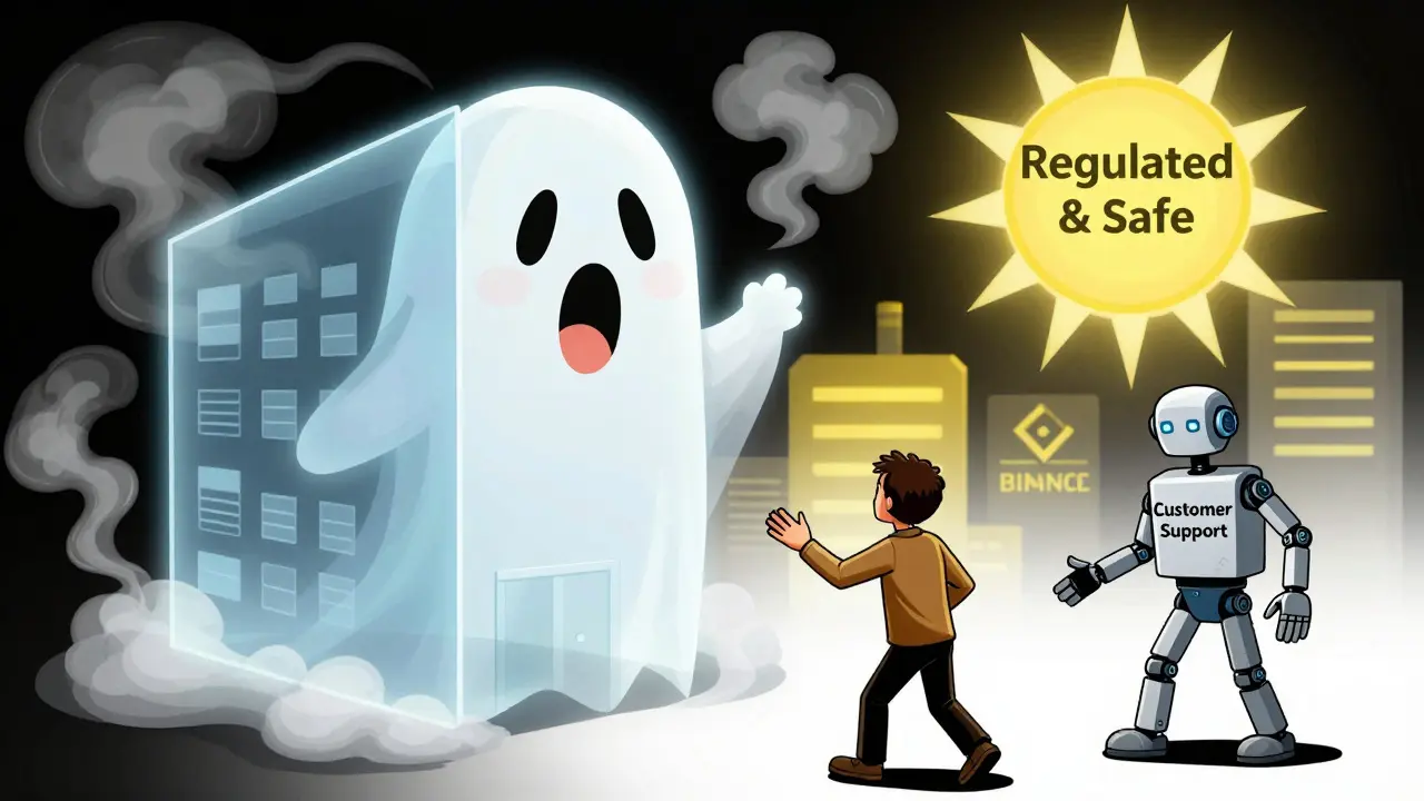 Ghost of BitWell fading away as real exchanges shine safely in the distance under a regulated sun.