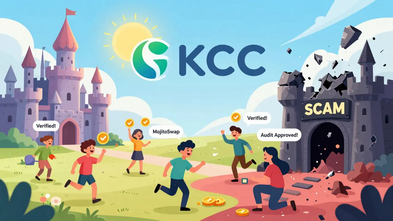 Happy users trading on real KCC DEXs while fake KCCSwap castle crumbles in background.