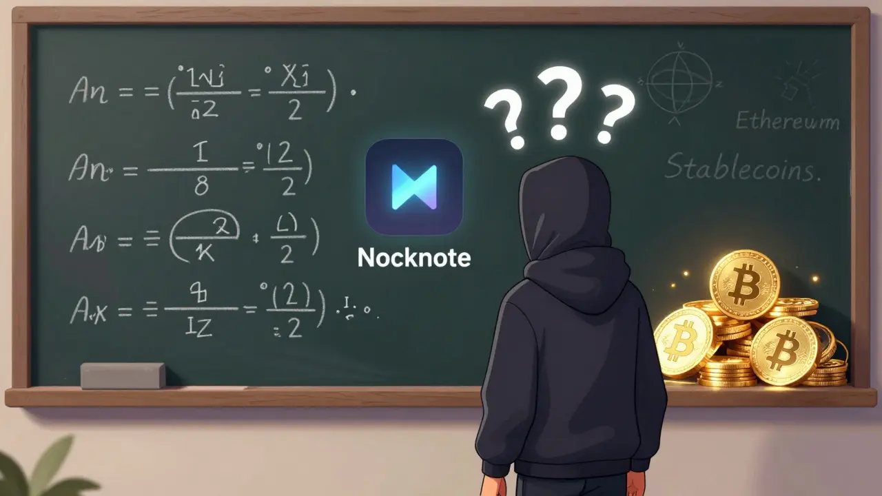 Invisible developer with equations, lone Nocknote app flickering, while established cryptos glow brightly in background.