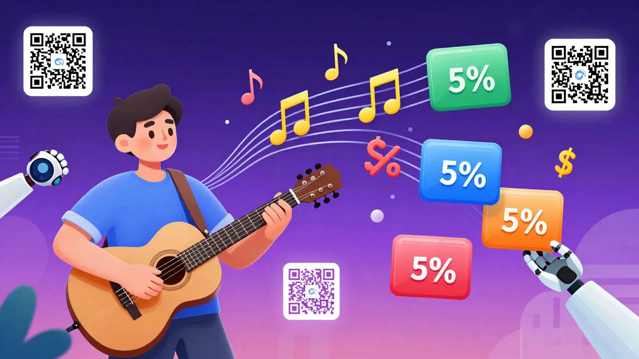 Musician's smart contract sends royalties automatically to creators as digital payments flow through the air.