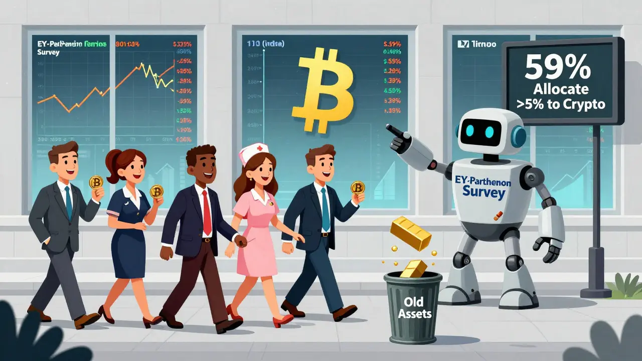 Pensioners smiling with Bitcoin tokens as Wall Street shifts from gold to crypto.