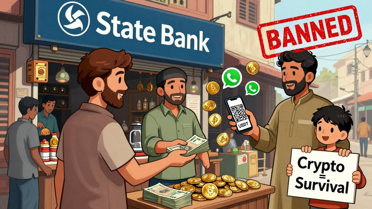 People trade cash for USDT in Karachi market with WhatsApp and digital coins floating