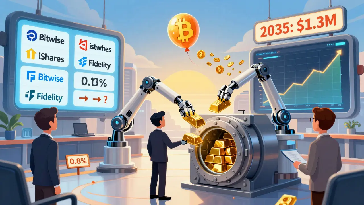 Robotic arms depositing gold into a digital Bitcoin vault with rising price graphs in background.
