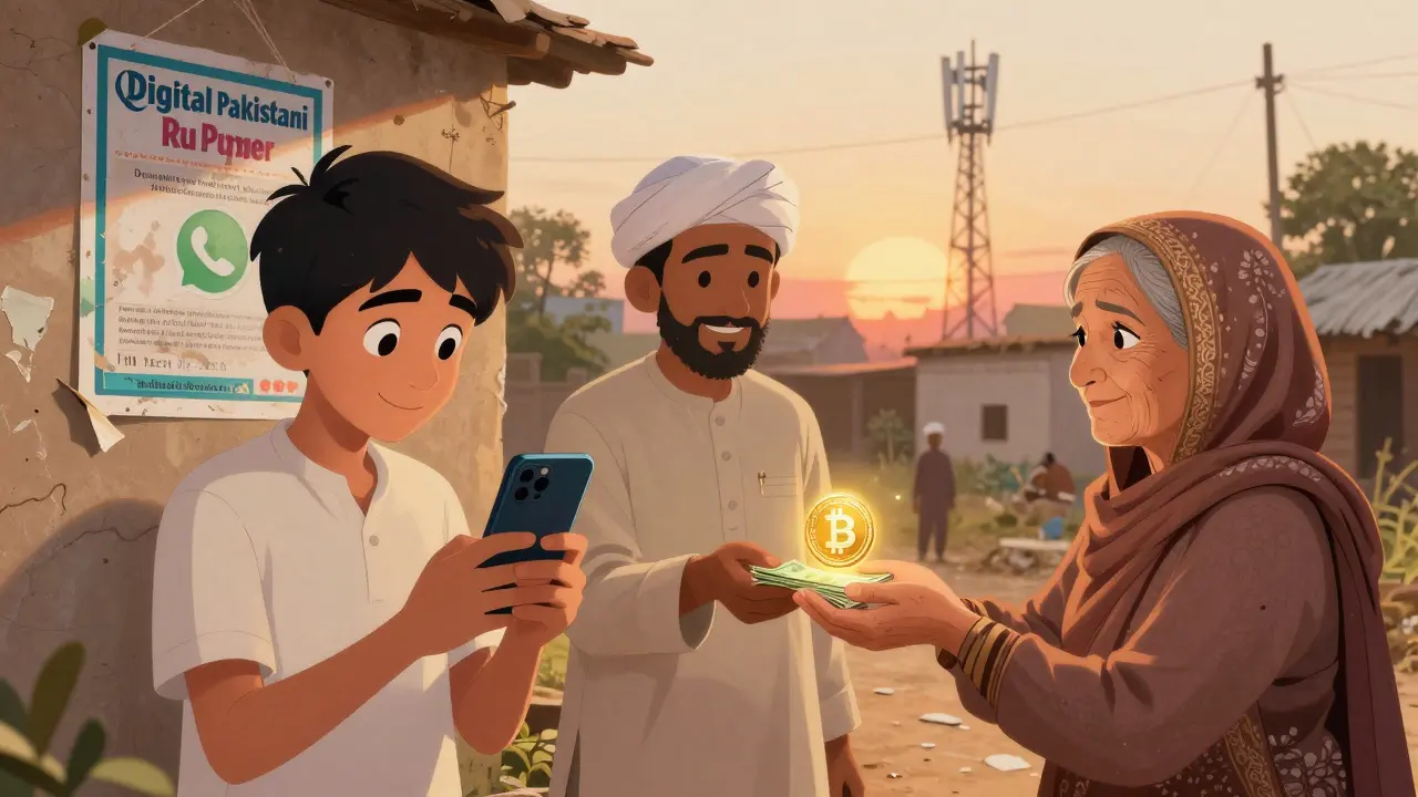 Rural teen uses smartphone for crypto trade as elderly woman receives cash for digital token