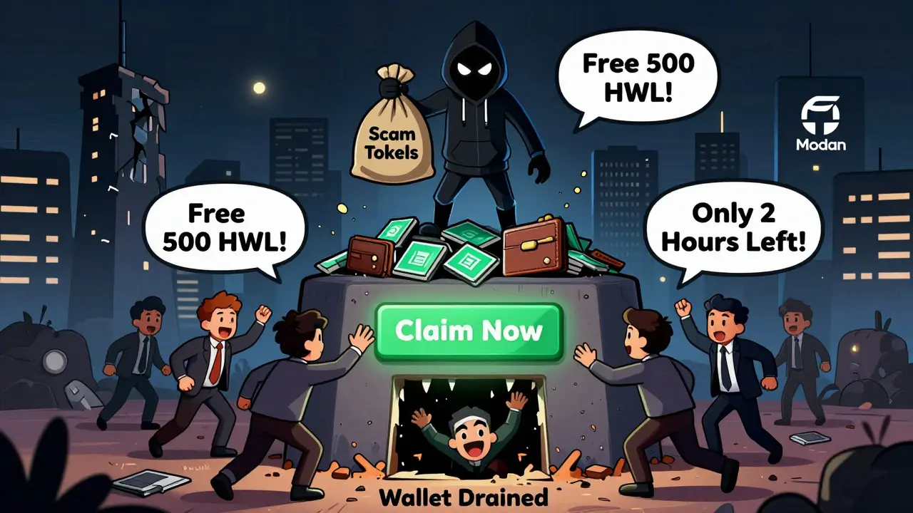 Shadowy scammer atop stolen NFTs luring investors toward a trapdoor labeled 'Claim Now'.