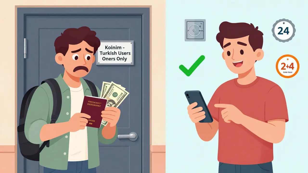 Split cartoon: international user locked out vs. Turkish user depositing TRY easily.