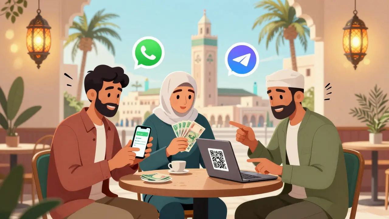 Three people trading crypto for cash in a Moroccan café, phones and bills visible, vibrant atmosphere.