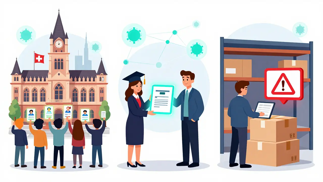 Three scenes: voting, degree verification, and supply chain trust checks using Graphite Network.