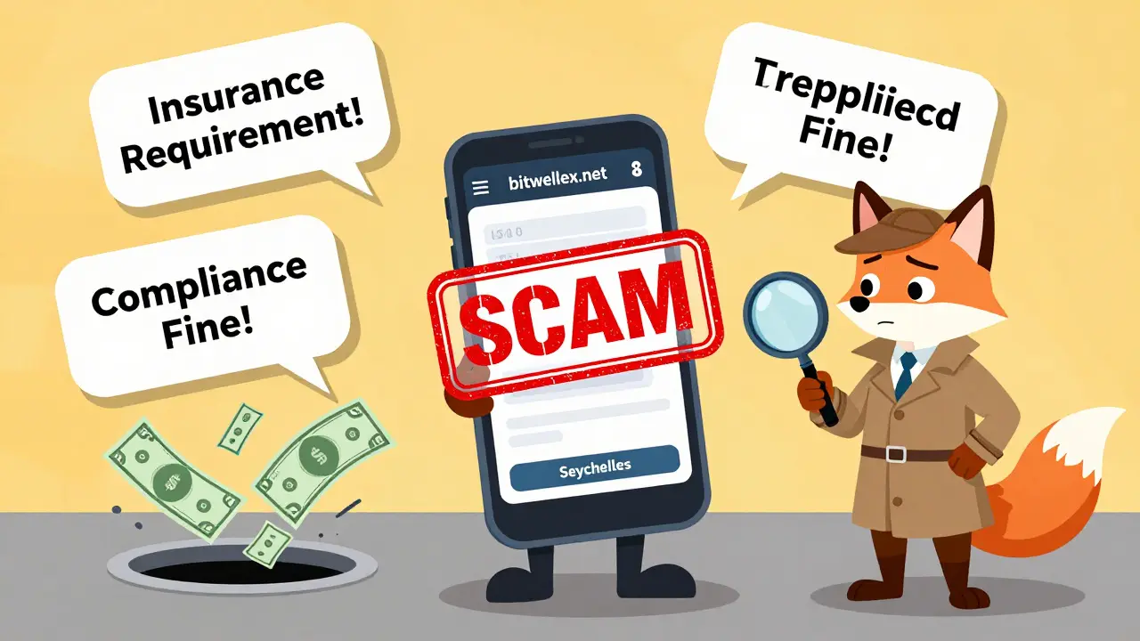 Trader deceived by a scam recovery site, surrounded by fake fees and a 'SCAM' stamp over bitwellex.net.