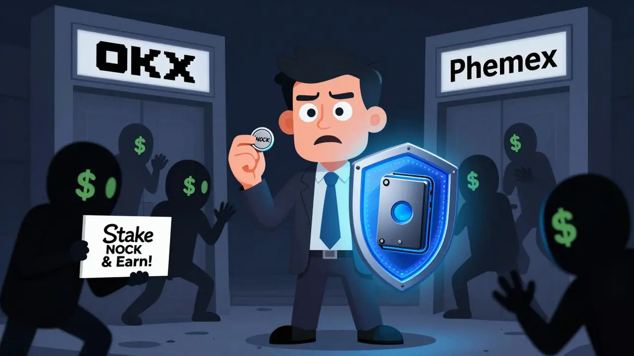 Trader holding NOCK token between OKX and Phemex doors, shielded by hardware wallet as scam figures lurk nearby.