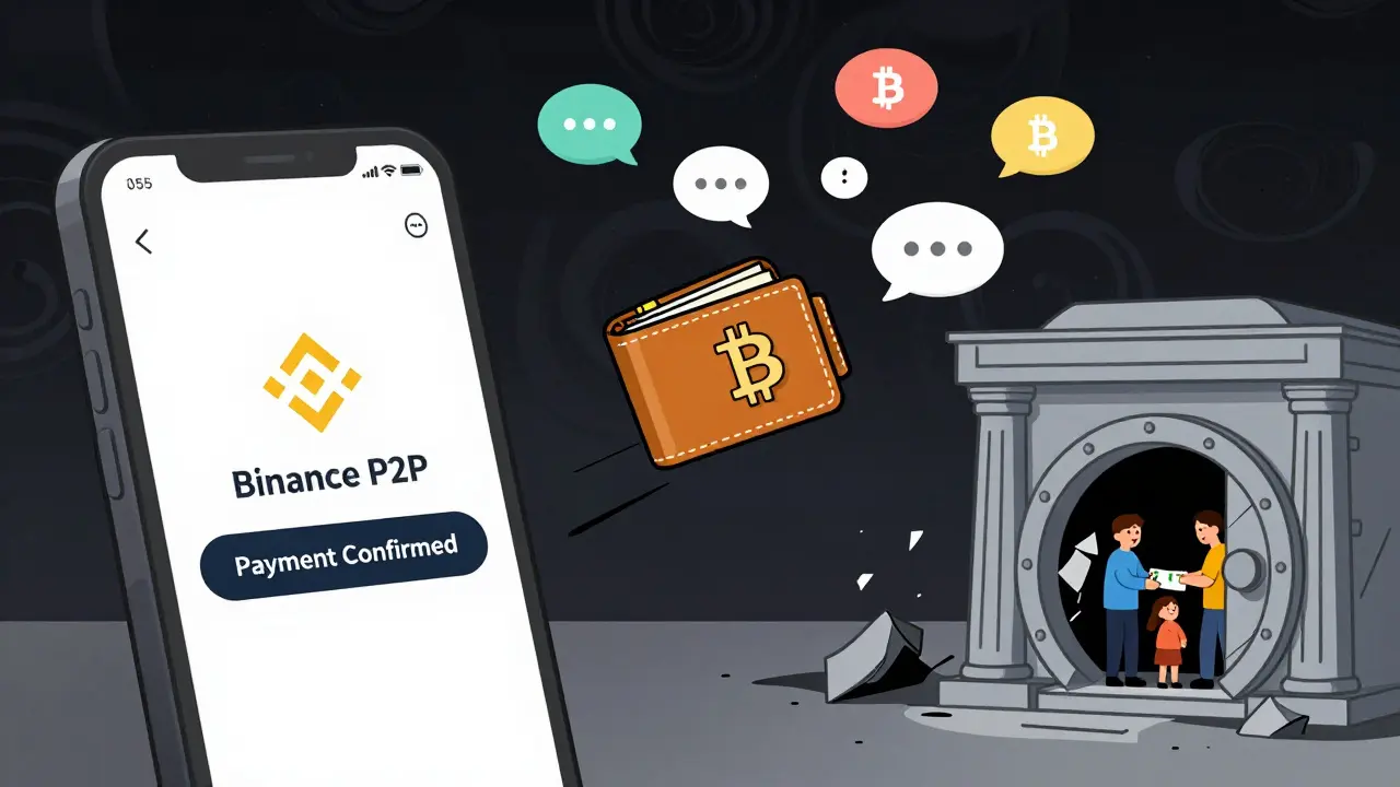 A Bitcoin wallet escaping from a P2P app into encrypted networks, while a bank vault crumbles in the background.