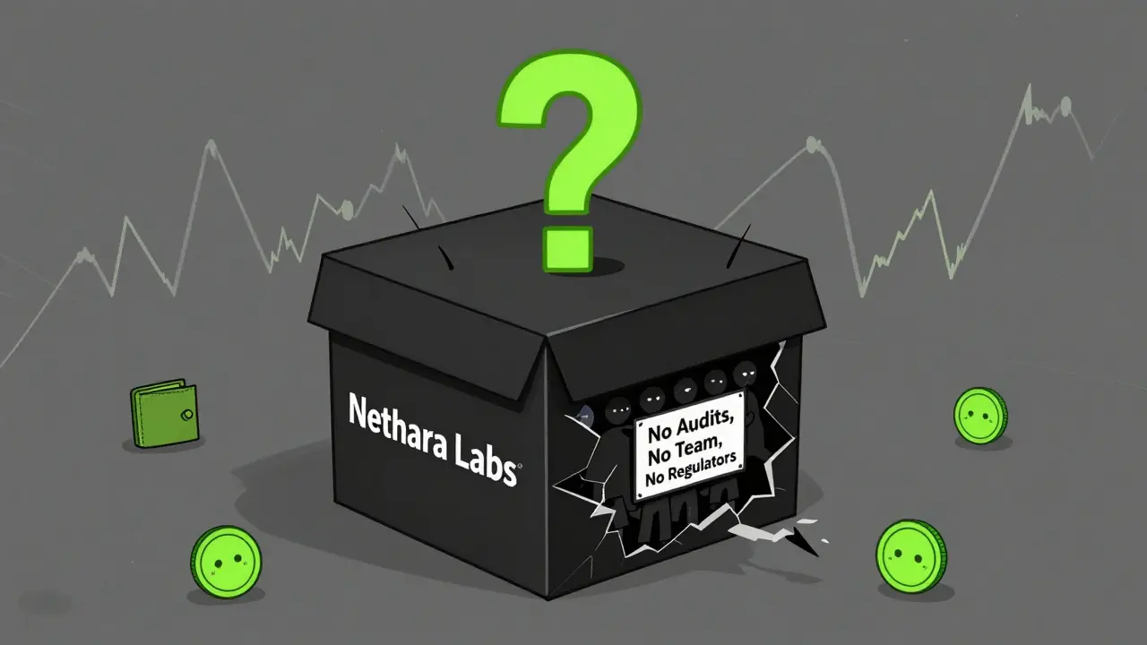 A black box labeled Nethara Labs leaks secrecy symbols while lonely wallets and wild price charts surround it.