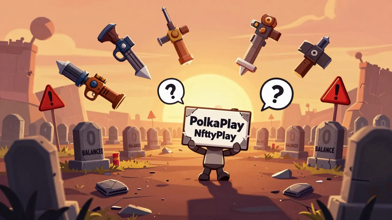 A broken digital game world with floating NFTs and graveyard of zero-balance wallets under a fading PolkaPlay to NftyPlay sign.