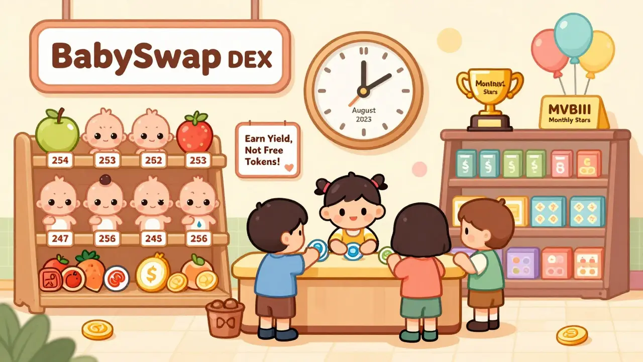 A cartoon grocery store named BabySwap where users swap tokens and stake NFT babies, with an MVBIII award trophy on display.