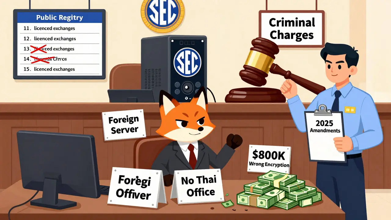 A courtroom cartoon where a rogue crypto server is on trial for operating without a Thai license.