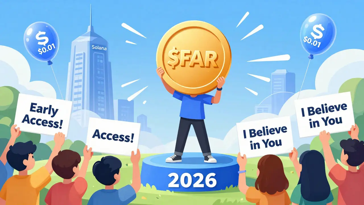 A creator stands on a 2026 platform with fans below, holding a token as a Solana blockchain tower glows behind.