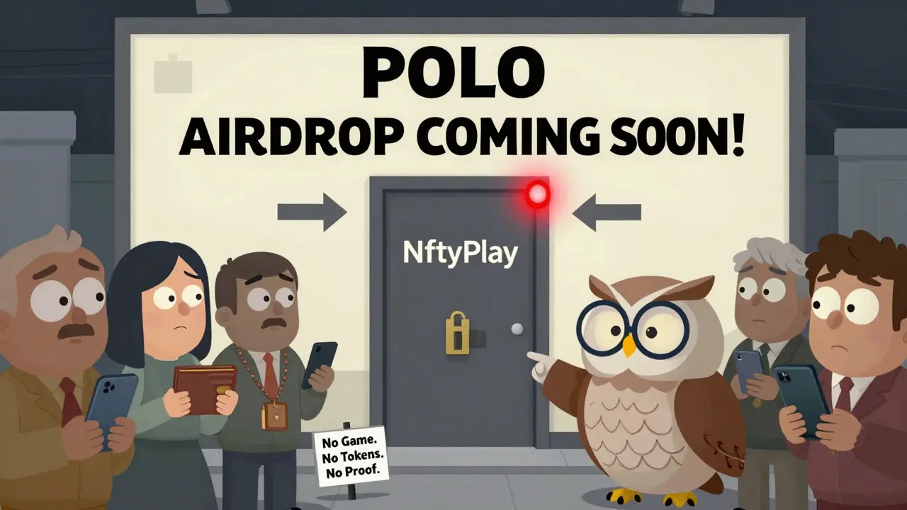 A crowd stares at a 'POLO AIRDROP' billboard while a wise owl points to a tiny sign saying 'No Game. No Tokens. No Proof.'