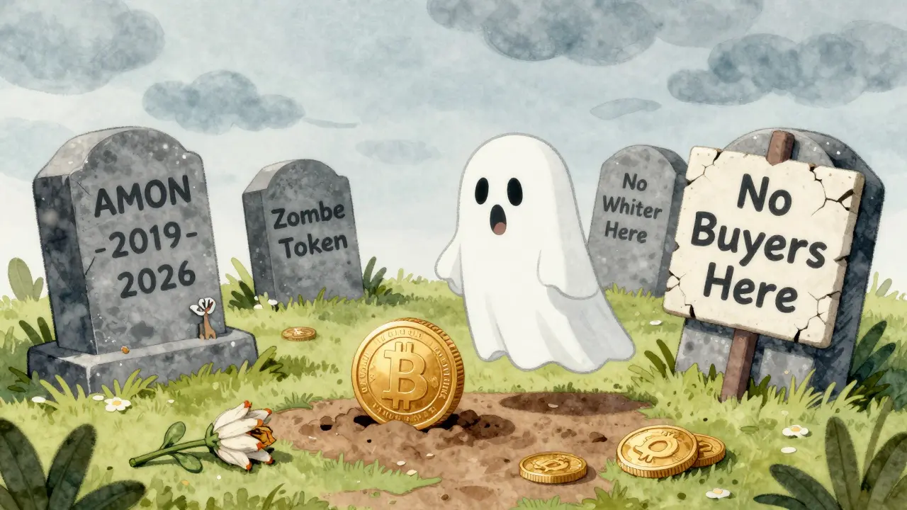 A crypto graveyard with tombstones for forgotten tokens, including one for AMON.