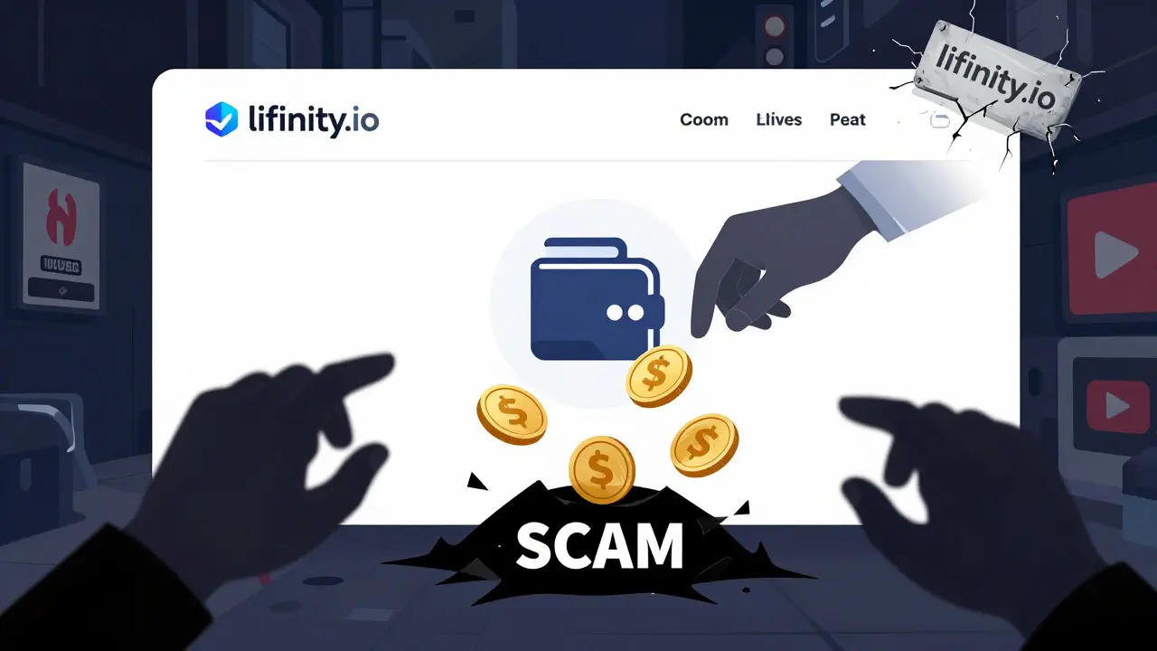 A fake website lfinity.io drains crypto from a wallet while shadowy scam hands pull tokens into a black hole.