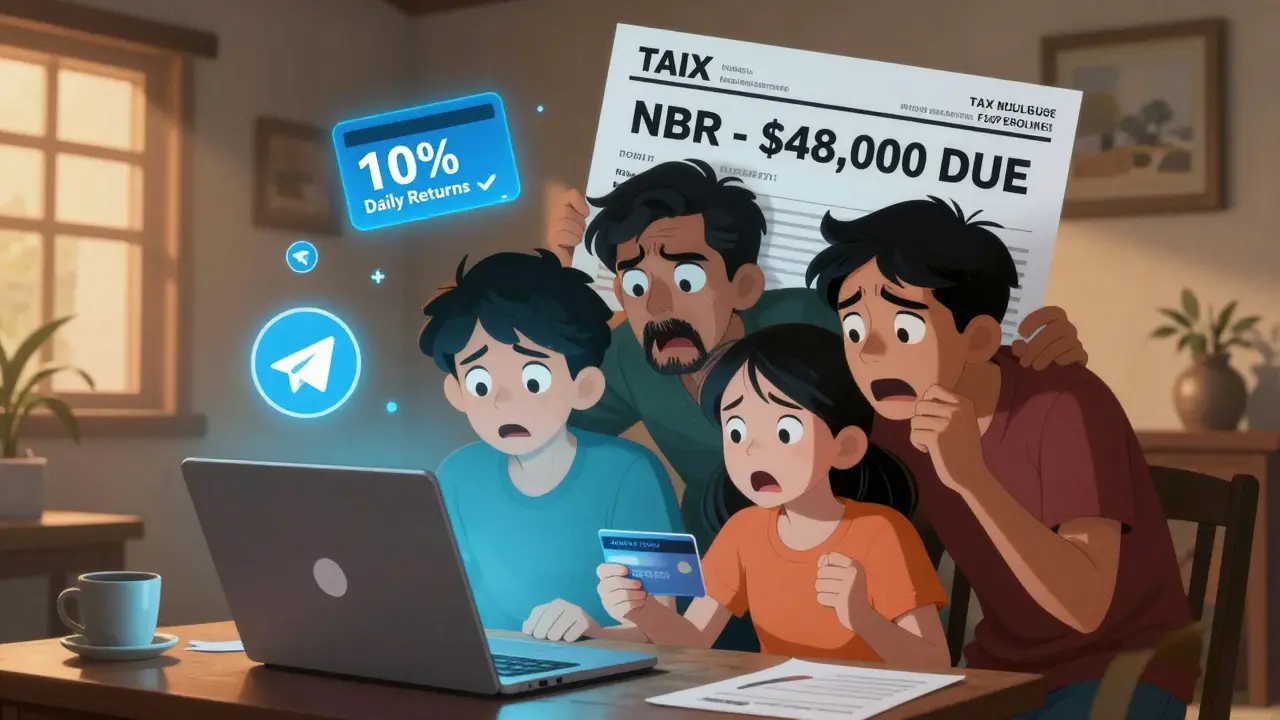A family worriedly watching a Telegram crypto group on a laptop, with tax notices and fake bots looming over them.