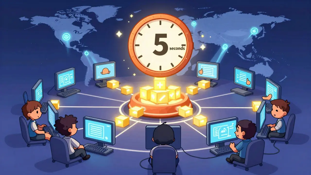 A global network of cartoon computers gossiping blocks, one asleep, others keeping the flow alive.