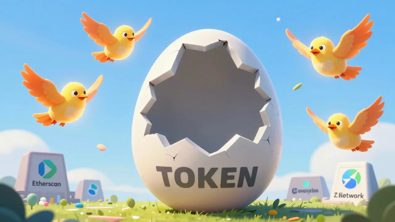A hollow UNB token egg sits cracked open, while real airdrop projects fly away as glowing birds under clear skies.