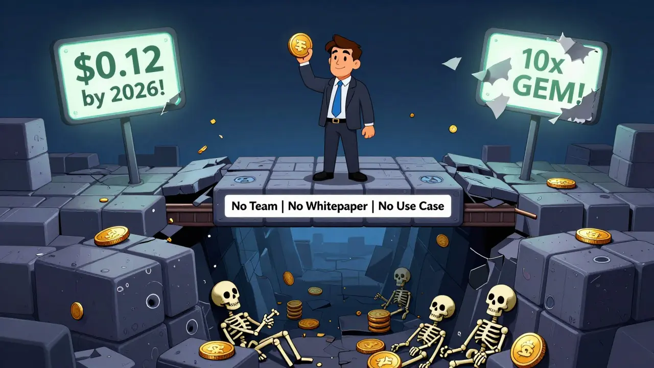 A lone investor stands on a crumbling blockchain bridge above a chasm labeled with missing project fundamentals.