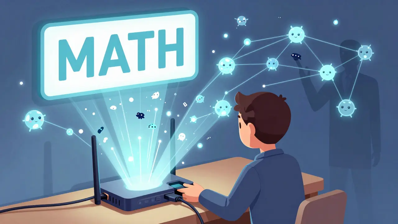 A person connects a small device to a router, sending data to thousands of worldwide nodes.