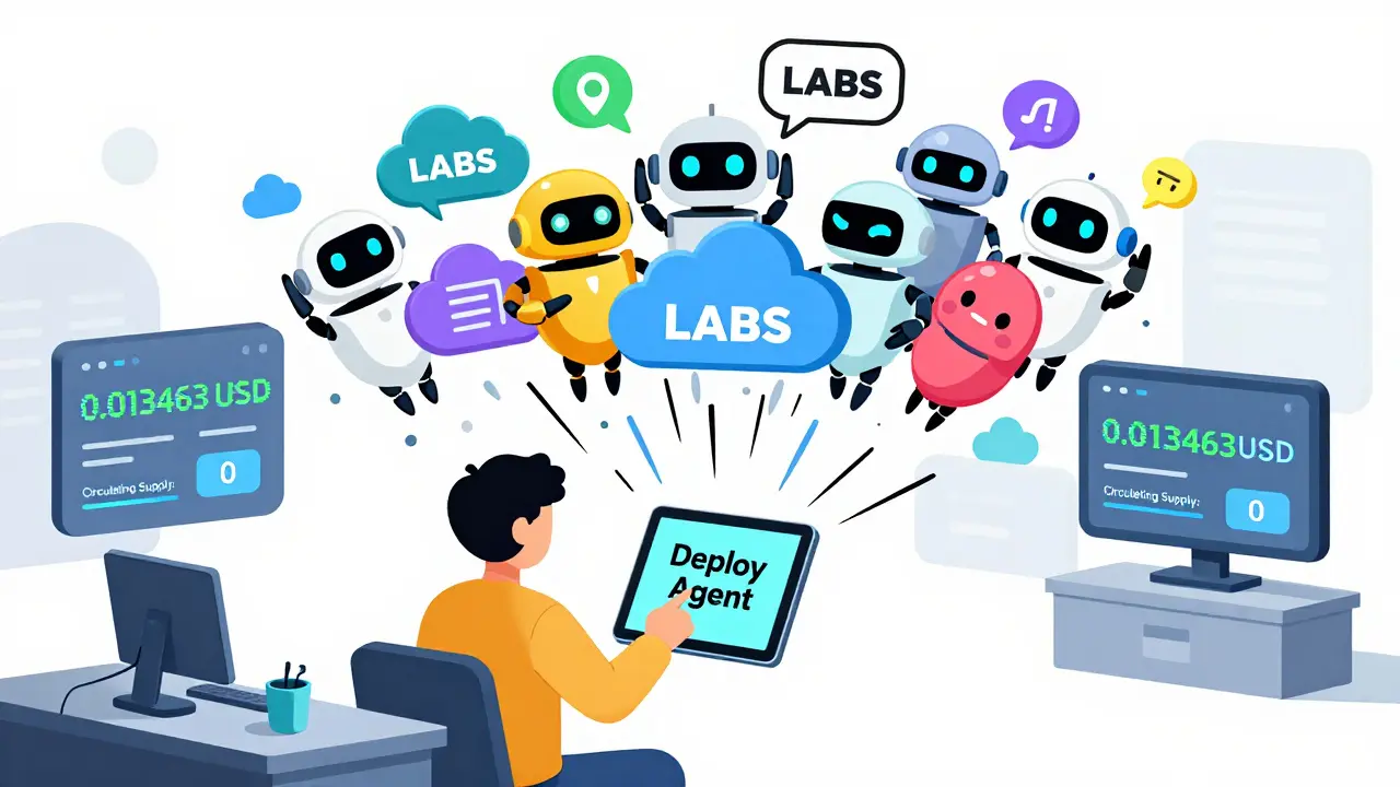 A person deploys an AI bot via Verus platform as robot agents spring to life collecting data and trading tokens.