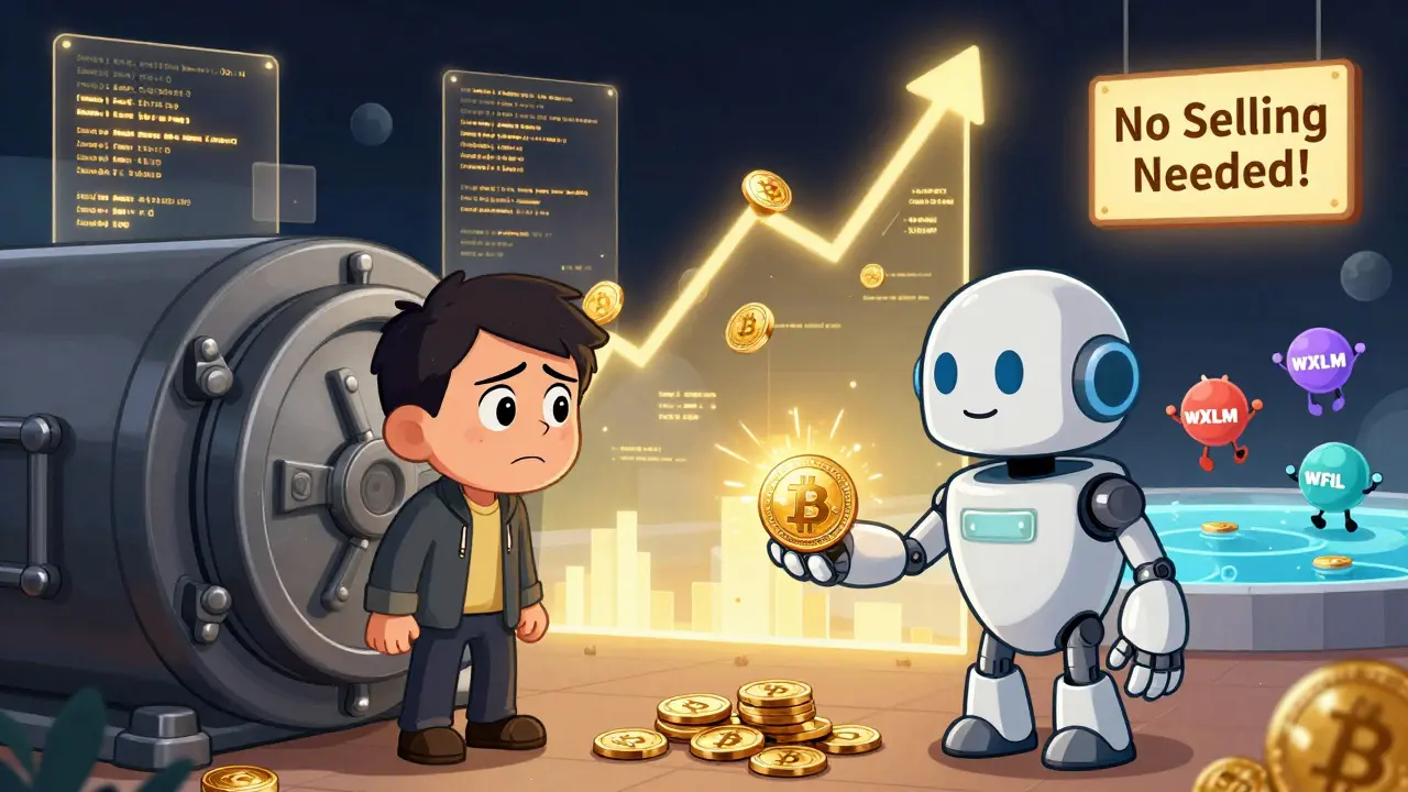 A person holding a WBTC token instead of locked Bitcoin, with a rising graph showing DeFi growth in the background.