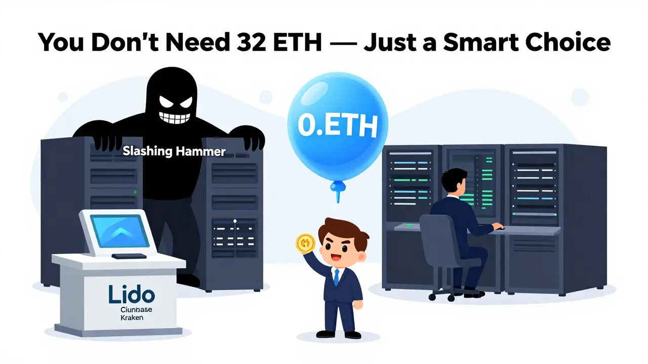 A person staking 0.1 ETH at a pool kiosk while a liquid token floats above, contrasting with a hacker’s server about to be slashed.