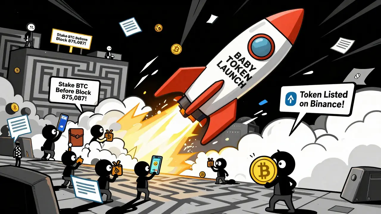 A rocket labeled 'BABY TOKEN LAUNCH' blasting off with thousands of people trying to claim an airdrop, some stuck in a verification maze.
