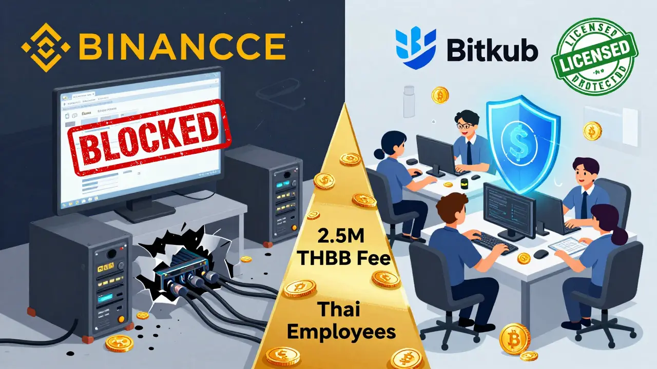 A split cartoon showing a blocked foreign crypto platform versus a compliant Thai exchange with local staff and security.