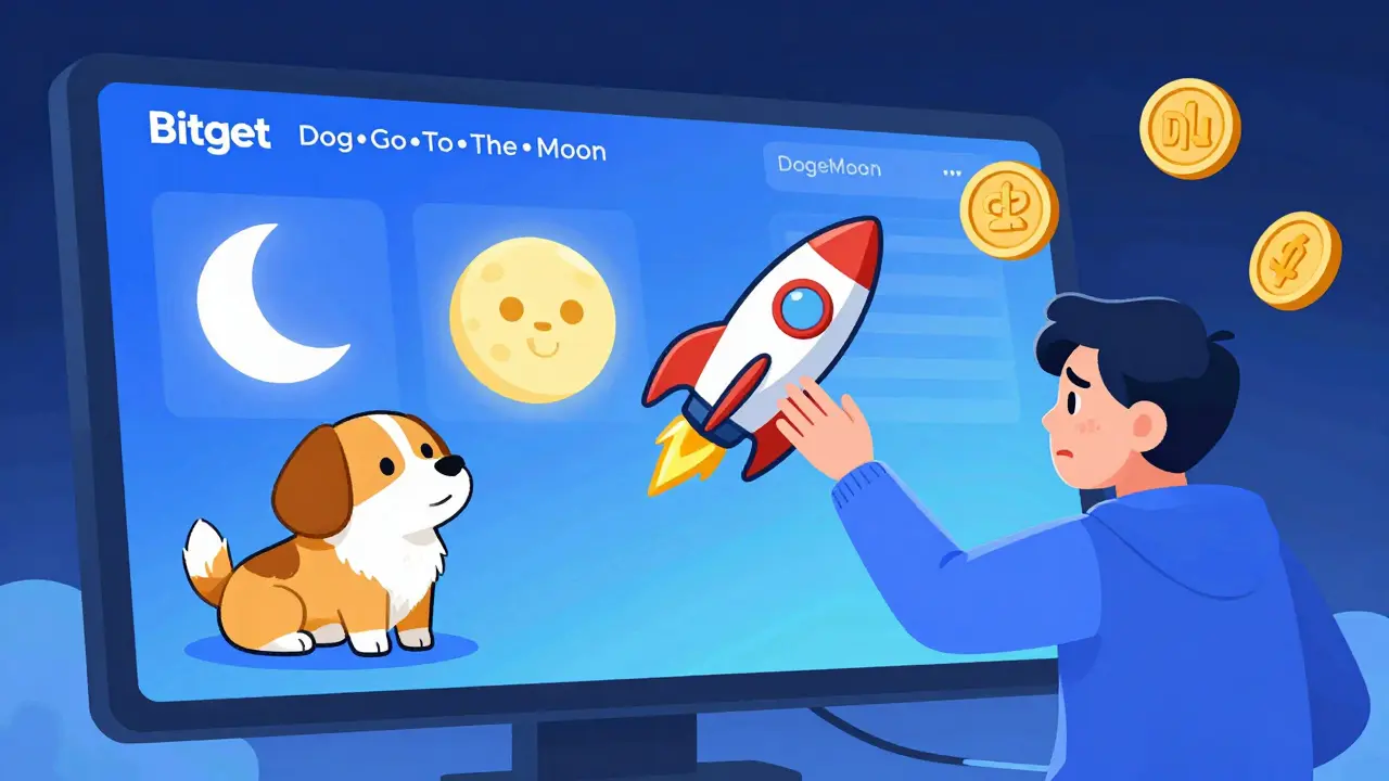Bitget screen with dog, moon, rocket symbols, user confused