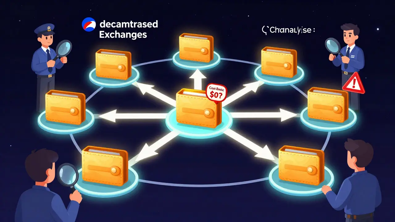 Blockchain network with wallets and IRS agents tracking crypto flows in cartoon style