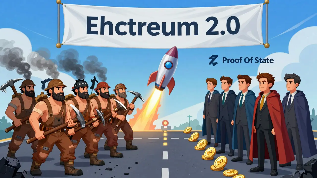 Cartoon battle showing miners replaced by validators staking ETH, with Layer 2 rockets launching from the main chain.