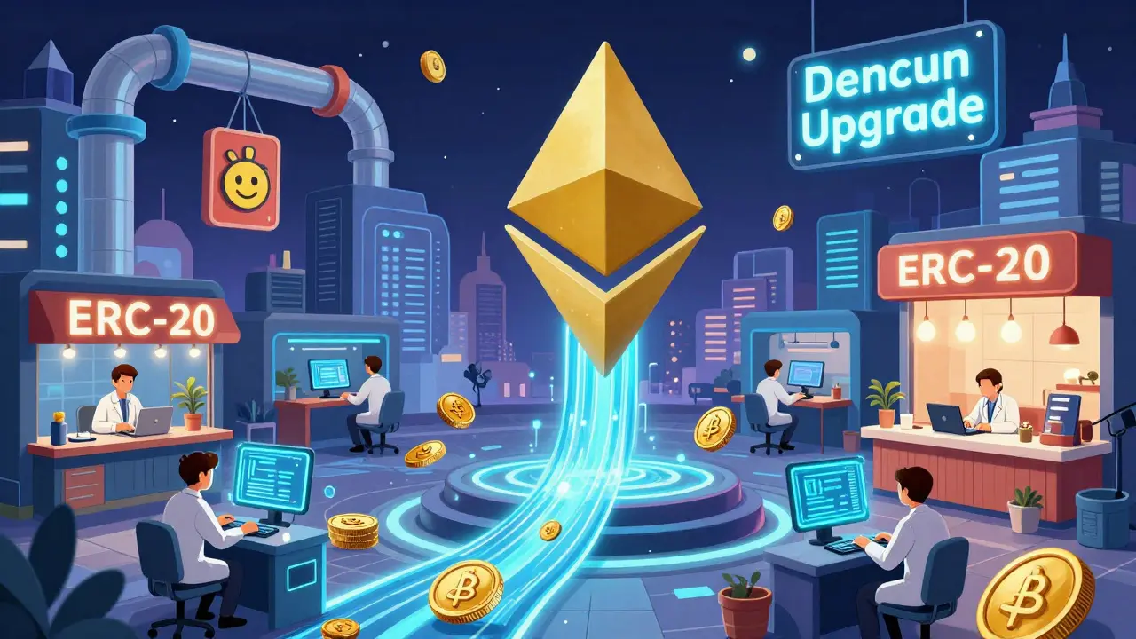 Cartoon digital city where ERC-20 tokens flow, NFTs hang as art, and developers debug smart contracts under a blockchain sky.